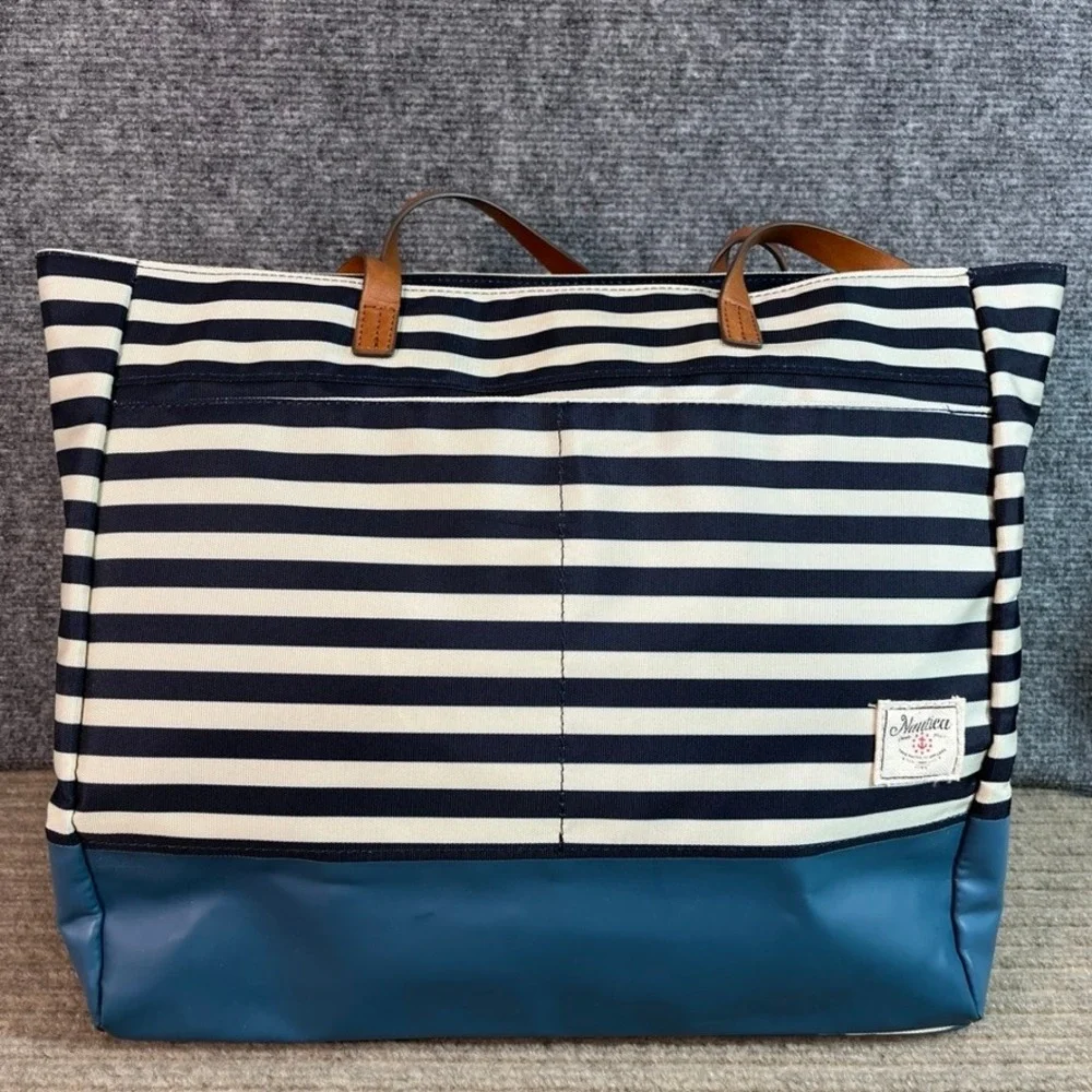 NWT Nautica Striped Canvas Tote Bag Navy White Teal Blue Large Beach Travel